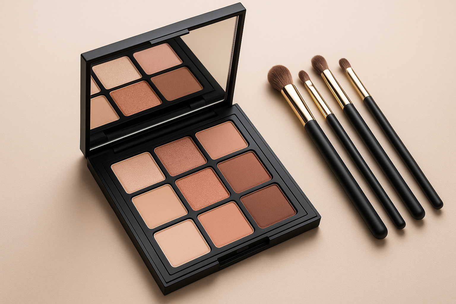 create an image matching this description Upgrade your eyeshadow palette with soft, blendable shades that transition seamlessly from day to night. Whether you’re a beginner, teen, or makeup lover, a fresh palette with light, wearable tones and a bonus brush set adds versatility, value, and a touch of glam to your routine. Perfect for work, parties, or on-the-go touch-ups — because your eyes deserve more than outdated colors.