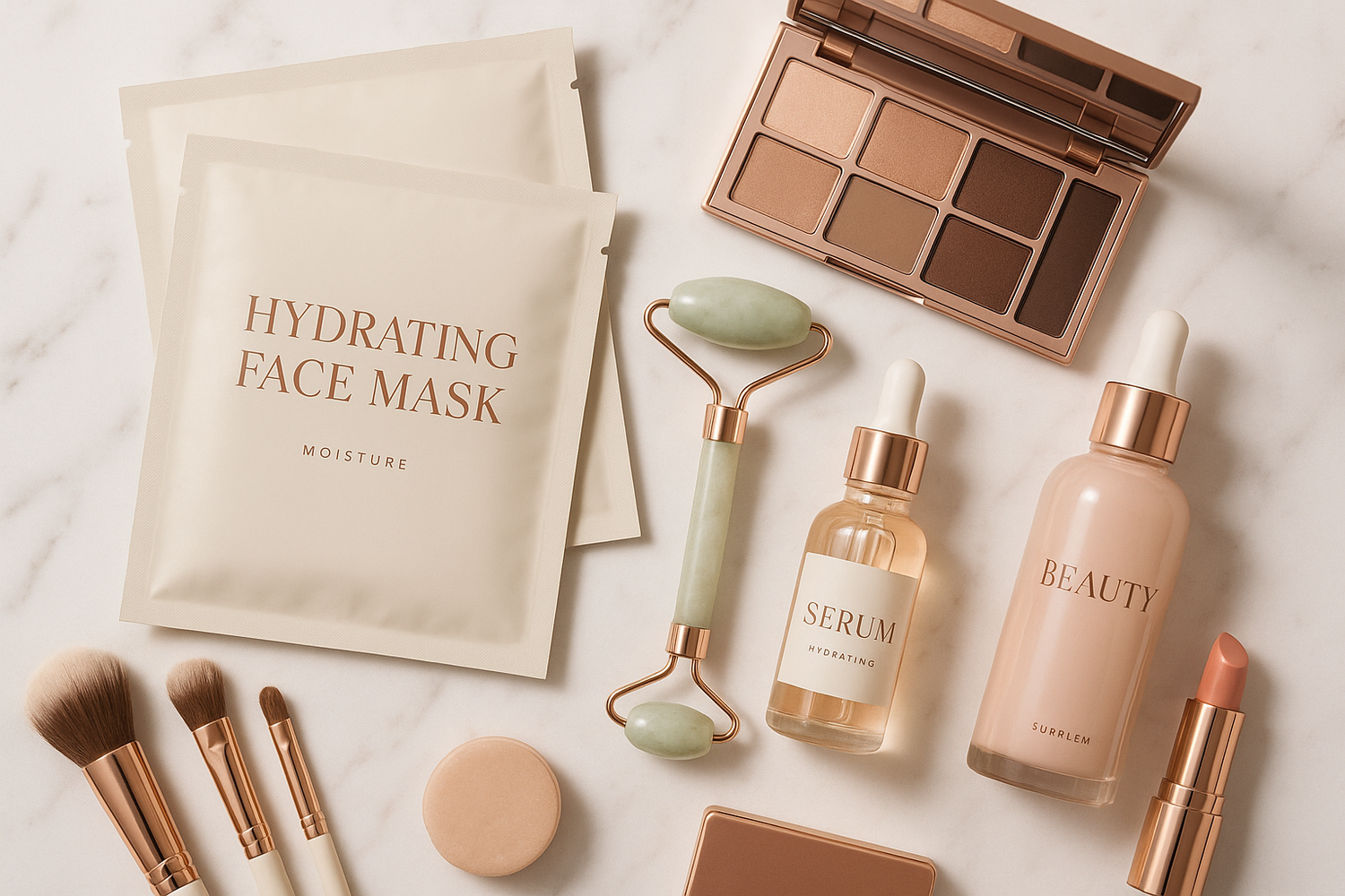 make a picture matching this " Discover indulgent hydrating masks, professional-grade makeup kits, and timeless essentials that elevate your beauty ritual. Sophisticated formulas designed for results you can see — and feel. "