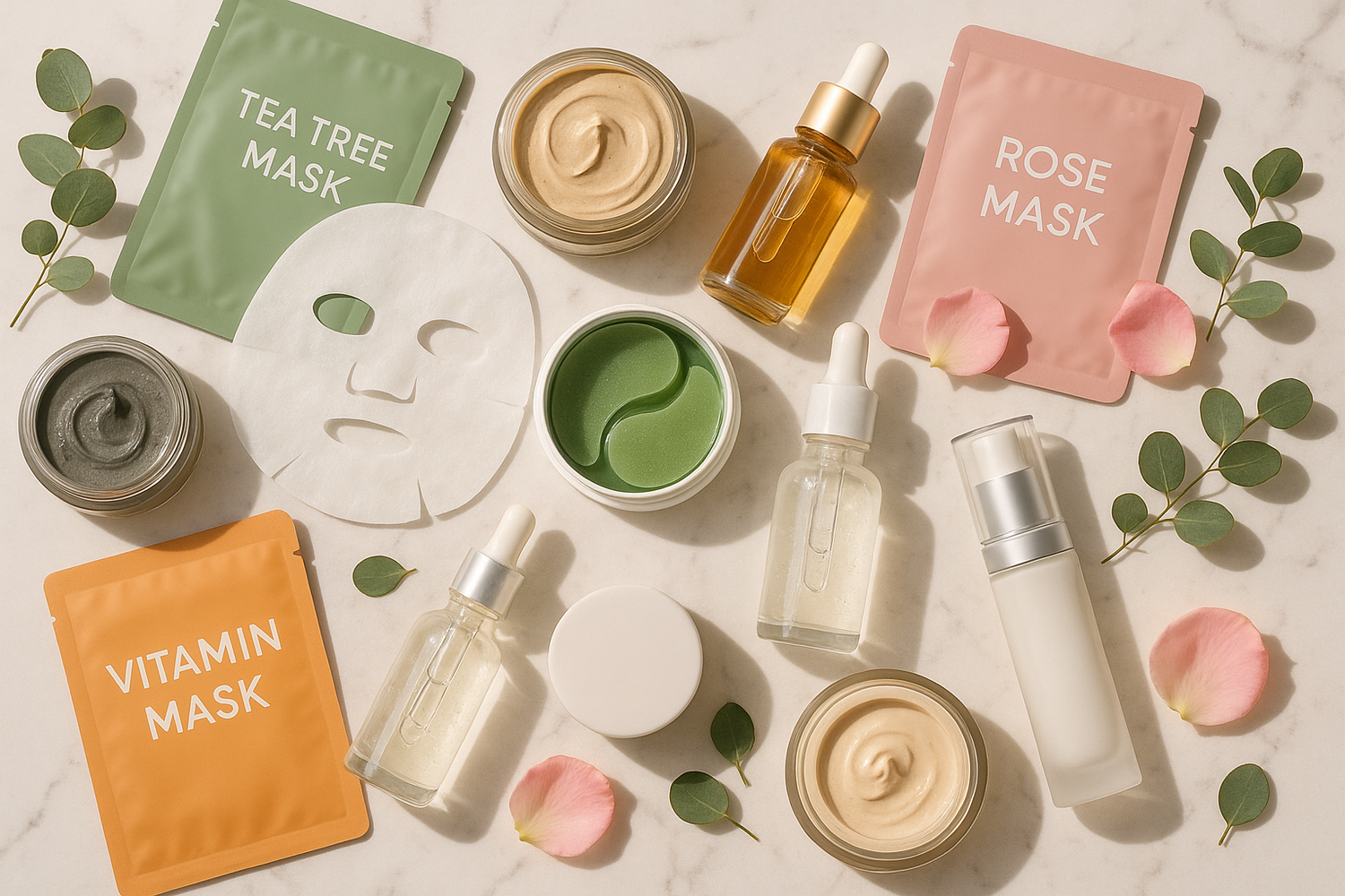 Skin care and face masks laid out for show 